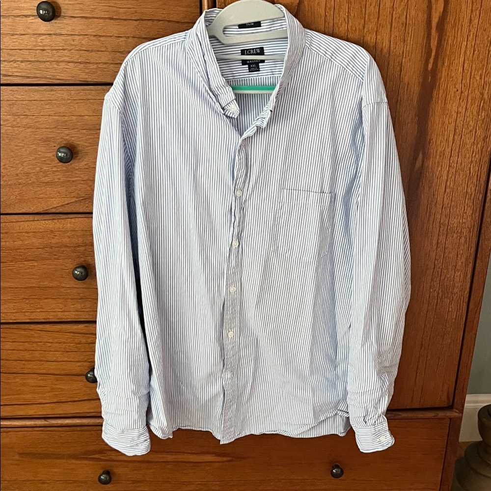 J. Crew Men's Blue and White Striped Button-Down Shirt